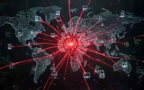 A glowing red network diagram illustrating a global cyberattack, with data breaches impacting devices across continents. - Foto: über boerse-global.de