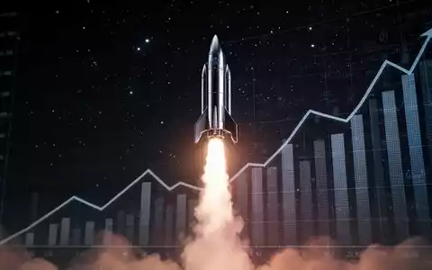 Eine futuristische Rakete startet in den Nachthimmel, mit einem subtilen Aufwärtstrend über einem dunklen Hintergrund. - Foto: über boerse-global.de