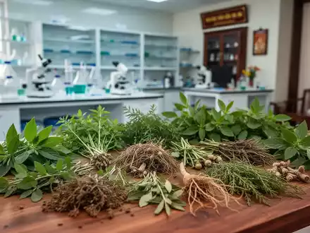 Traditionelle vietnamesische Heilpflanzen und Kräuter auf einem Holztisch, im Hintergrund unscharf ein modernes Labor oder eine Klinik. - Foto: über boerse-global.de