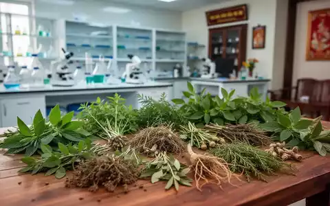 Traditionelle vietnamesische Heilpflanzen und Kräuter auf einem Holztisch, im Hintergrund unscharf ein modernes Labor oder eine Klinik. - Foto: über boerse-global.de