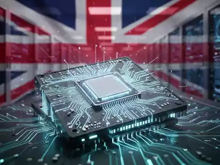 A close-up of a glowing, advanced AI chip with intricate circuits, superimposed over a subtly blurred Union Jack flag and data center. - Foto: über boerse-global.de