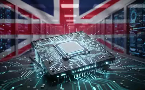 A close-up of a glowing, advanced AI chip with intricate circuits, superimposed over a subtly blurred Union Jack flag and data center. - Foto: über boerse-global.de