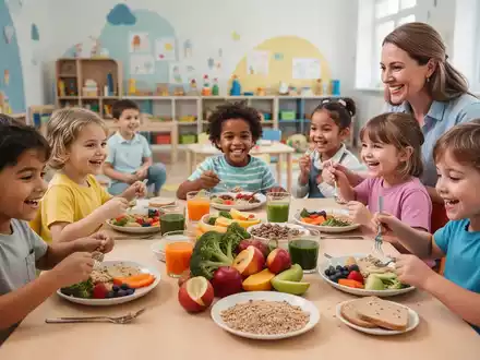 Kinder und Betreuer essen gemeinsam eine gesunde Mahlzeit an einem Tisch in einer modernen Kindertagesstätte. - Foto: über boerse-global.de