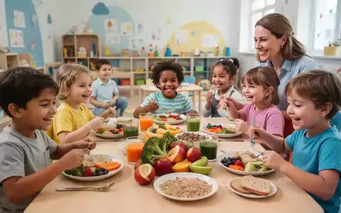 Kinder und Betreuer essen gemeinsam eine gesunde Mahlzeit an einem Tisch in einer modernen Kindertagesstätte. - Foto: über boerse-global.de
