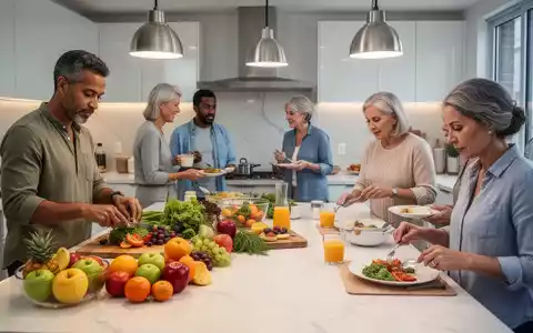 Erwachsene bereiten in einer Küche Obst und Gemüse zu und essen ein ausgewogenes Frühstück. - Foto: über boerse-global.de