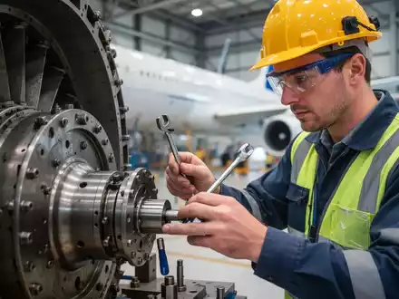 Ein Arbeiter inspiziert ein Flugzeugtriebwerk in einem Hangar, umgeben von modernen Werkzeugen und Ausrüstung. Der Fokus liegt auf Sicherheit und Präzision in der Luftfahrtwartung. - Foto: über boerse-global.de