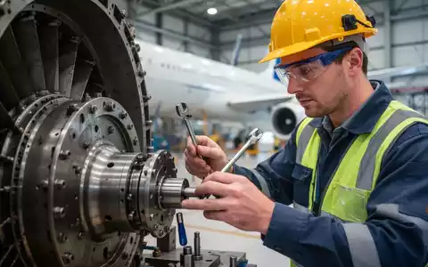 Ein Arbeiter inspiziert ein Flugzeugtriebwerk in einem Hangar, umgeben von modernen Werkzeugen und Ausrüstung. Der Fokus liegt auf Sicherheit und Präzision in der Luftfahrtwartung. - Foto: über boerse-global.de