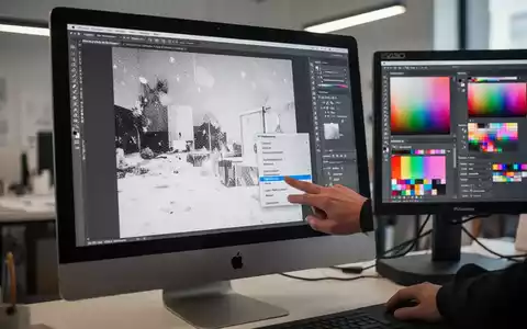 iMac Pro screen showing a washed-out image, an Eizo monitor next to it with correct colors, and a hand about to click a 'Preferences' menu item in Photoshop. - Foto: über boerse-global.de