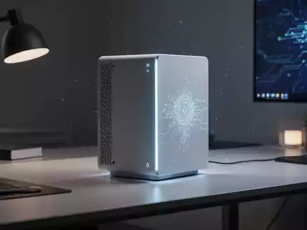 A compact, dark-colored desktop computer with subtle blue light accents, sitting on a modern, minimalist desk. - Foto: über boerse-global.de