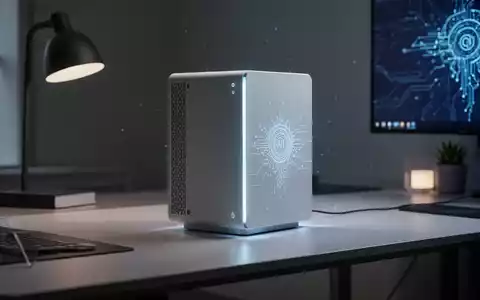 A compact, dark-colored desktop computer with subtle blue light accents, sitting on a modern, minimalist desk. - Foto: über boerse-global.de