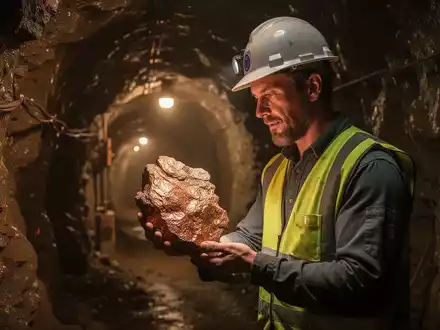 Geologe in einem Bergwerk, der ein Stück kupferreiches Erz untersucht, mit warmem Licht, das auf das Metall scheint. - Foto: über boerse-global.de