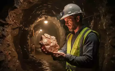 Geologe in einem Bergwerk, der ein Stück kupferreiches Erz untersucht, mit warmem Licht, das auf das Metall scheint. - Foto: über boerse-global.de