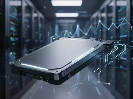 Nahaufnahme einer modernen Festplatte oder SSD mit einem dezenten Leuchten, vor dem Hintergrund eines verschwommenen Rechenzentrums. - Foto: über boerse-global.de
