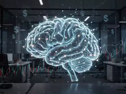 A glowing digital brain representing AI, overlaid with financial charts, against a dark, futuristic office background. - Foto: über boerse-global.de