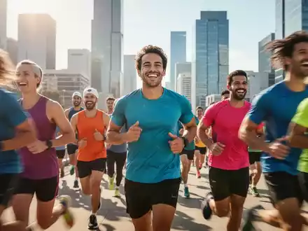 Läufer bei einem Firmenlauf, viele Teilnehmer in Bewegung, im Hintergrund eine Stadtkulisse. Fokus auf Gesundheit und Sport. - Foto: über boerse-global.de