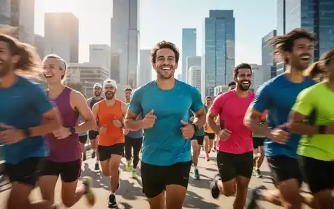 Läufer bei einem Firmenlauf, viele Teilnehmer in Bewegung, im Hintergrund eine Stadtkulisse. Fokus auf Gesundheit und Sport. - Foto: über boerse-global.de