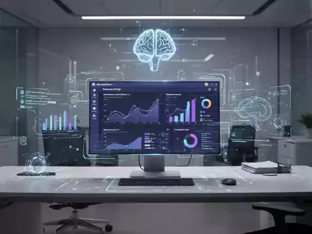 A futuristic desk with a holographic projection of Microsoft Teams, an AI icon, and data streams, representing new features and privacy concerns. - Foto: über boerse-global.de