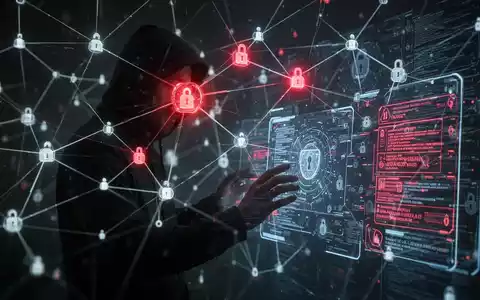 An abstract, glowing digital network with red highlighted nodes representing a security breach, and a shadowy figure interacting with a holographic interface. - Foto: über boerse-global.de