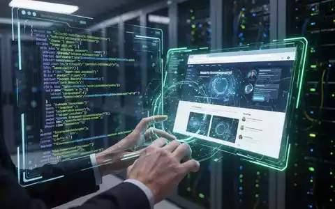 Developer's hands interacting with a holographic display showing code and a live interactive web page, symbolizing AI collaboration. - Foto: über boerse-global.de