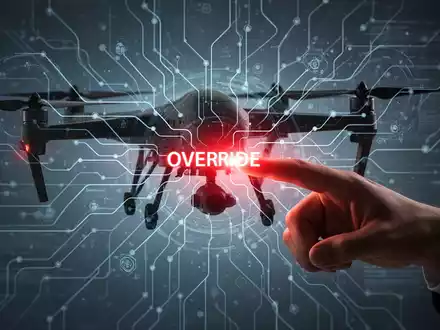 An AI neural network interface overlaid on a military drone silhouette, with a human hand reaching for an override button. - Foto: über boerse-global.de