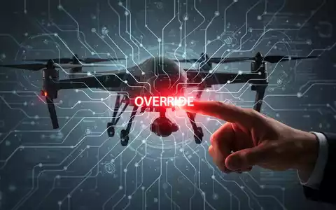 An AI neural network interface overlaid on a military drone silhouette, with a human hand reaching for an override button. - Foto: über boerse-global.de