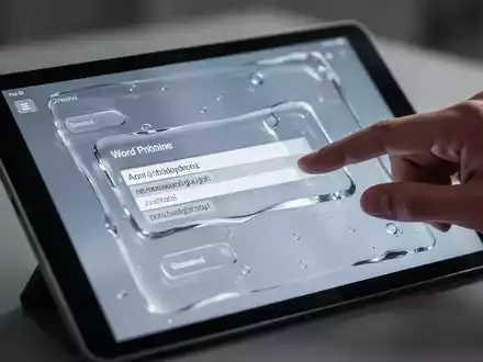 A tablet screen showing a word processing app with transparent, glass-like design elements. A hand is interacting with the screen. - Foto: über boerse-global.de