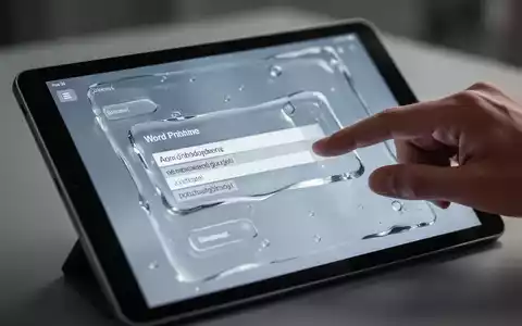 A tablet screen showing a word processing app with transparent, glass-like design elements. A hand is interacting with the screen. - Foto: über boerse-global.de