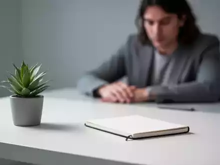 Eine Person sitzt an einem minimalistischen Schreibtisch mit einer Pflanze und einem Notizbuch, symbolisierend mentale Klarheit und Stressabbau. - Foto: über boerse-global.de