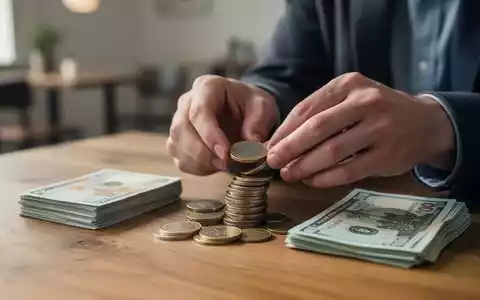 Nahaufnahme von Händen, die Euromünzen auf einem Holztisch zählen, mit einem Stapel Geldscheine daneben. - Foto: über boerse-global.de