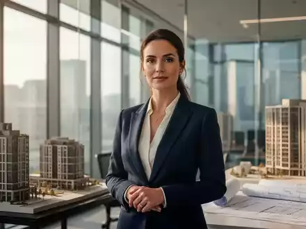 Eine selbstbewusste Finanzchefin in einem modernen Bürogebäude, das subtil auf Immobilien oder Bauwesen hinweist. - Foto: über boerse-global.de