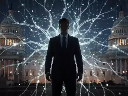 A stylized image showing a human silhouette in a suit before a glowing neural network, with hints of government architecture. - Foto: über boerse-global.de