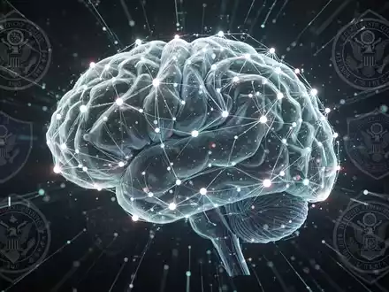 A digital brain graphic with glowing nodes and lines, overlaid with subtle government security symbols, representing AI regulation and export controls. - Foto: über boerse-global.de