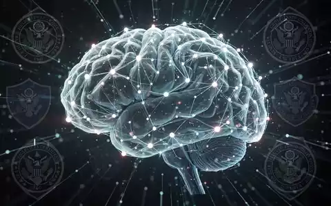 A digital brain graphic with glowing nodes and lines, overlaid with subtle government security symbols, representing AI regulation and export controls. - Foto: über boerse-global.de