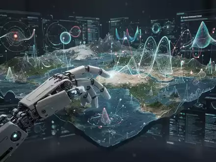 A robot hand interacts with a holographic projection of a complex 3D world model, symbolizing AI and investment. - Foto: über boerse-global.de
