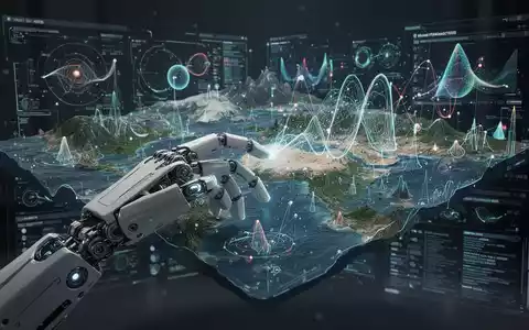 A robot hand interacts with a holographic projection of a complex 3D world model, symbolizing AI and investment. - Foto: über boerse-global.de