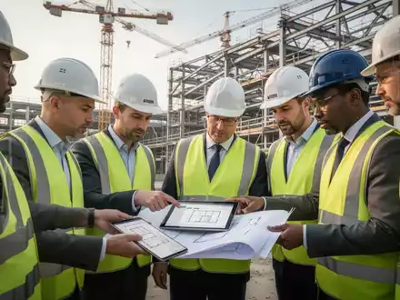 Bauprojektmanager und Facility Coordinators in Schutzhelmen und Warnwesten prüfen digitale Baupläne vor einer großen Baustelle mit Kränen. - Foto: über boerse-global.de
