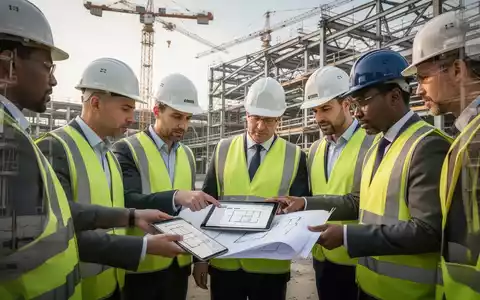 Bauprojektmanager und Facility Coordinators in Schutzhelmen und Warnwesten prüfen digitale Baupläne vor einer großen Baustelle mit Kränen. - Foto: über boerse-global.de