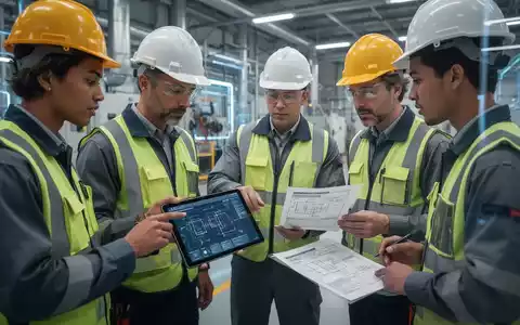 Sicherheitsexperten besprechen digitale Pläne und einen Gefährdungsbeurteilungsbericht in einer modernen Industrieanlage. - Foto: über boerse-global.de