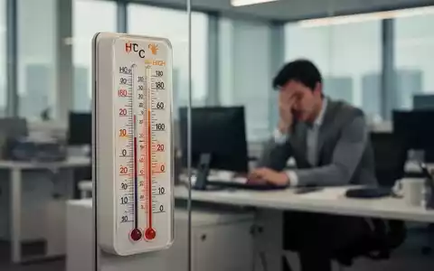 Ein Thermometer zeigt hohe Temperaturen in einem modernen Büro. Eine verschwommene Person arbeitet im Hintergrund am Schreibtisch. - Foto: über boerse-global.de