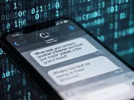 Ein Smartphone-Bildschirm zeigt eine verdächtige Textnachricht, im Hintergrund verschwommener digitaler Code, der Datenlecks symbolisiert. - Foto: über boerse-global.de