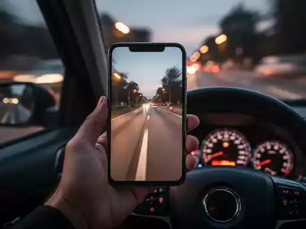 Eine Hand hält ein Smartphone am Steuer eines Autos, der Bildschirm zeigt eine verschwommene Straße. Im Hintergrund eine unscharfe Fahrbahn. - Foto: über boerse-global.de