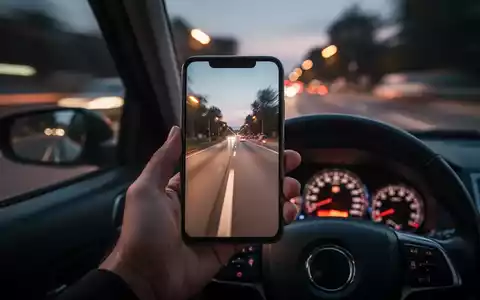 Eine Hand hält ein Smartphone am Steuer eines Autos, der Bildschirm zeigt eine verschwommene Straße. Im Hintergrund eine unscharfe Fahrbahn. - Foto: über boerse-global.de