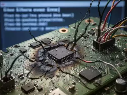 A close-up of a damaged circuit board with scorch marks and frayed wires, symbolizing a technical bug or system failure. - Foto: über boerse-global.de