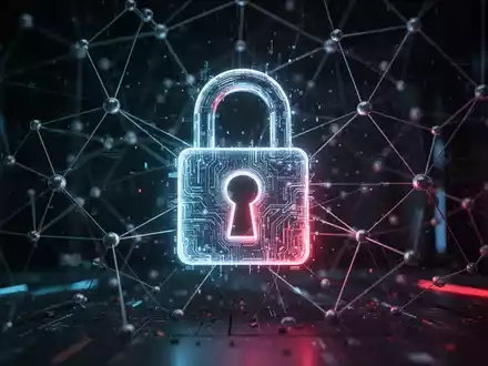 Ein stilisiertes, leuchtendes digitales Vorhängeschloss über einem Netzwerk aus miteinander verbundenen Knoten und Linien, das die Zerschlagung der Cyberkriminalitätsinfrastruktur darstellt. - Foto: über boerse-global.de