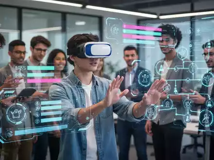 Junge Fachkräfte nutzen VR-Headsets und Touchscreens für ein gamifiziertes Training in einem modernen Büro. Sie interagieren mit digitalen Inhalten. - Foto: über boerse-global.de