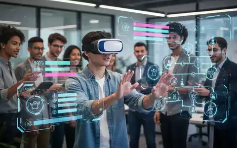 Junge Fachkräfte nutzen VR-Headsets und Touchscreens für ein gamifiziertes Training in einem modernen Büro. Sie interagieren mit digitalen Inhalten. - Foto: über boerse-global.de