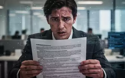 Eine gestresst aussehende Person in einem Büro, die ein Dokument mit rechtlichem Text hält, umgeben von verschwommenen digitalen Elementen. - Foto: über boerse-global.de