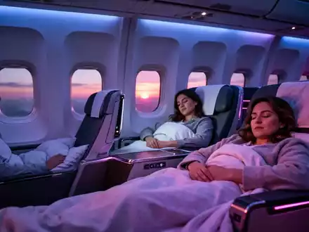 Ein luxuriöses Flugzeuginterieur bei Nacht, Passagiere schlafen unter sanfter blauer und violetter Beleuchtung. Ein Fenster zeigt einen Sonnenaufgang. - Foto: über boerse-global.de