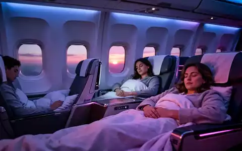 Ein luxuriöses Flugzeuginterieur bei Nacht, Passagiere schlafen unter sanfter blauer und violetter Beleuchtung. Ein Fenster zeigt einen Sonnenaufgang. - Foto: über boerse-global.de