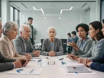 Eine Gruppe von Menschen unterschiedlichen Alters, die sich in einem modernen Konferenzraum über Rentenreformen und Altersvorsorge unterhalten. - Foto: über boerse-global.de